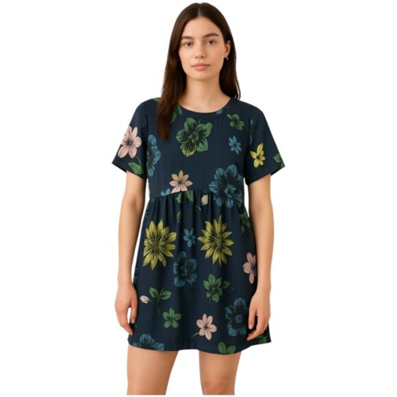 Topshop Dresses & Skirts - Topshop Size 6 Blue Satin Floral Crew Neck Short Sleeve Mini Dress